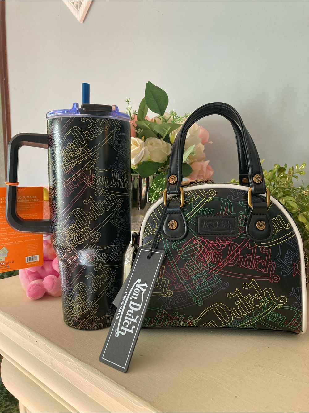 Von Dutch Black Multi-Color Logo Dome Satchel with matching tumbler
